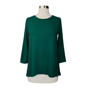 Ann Taylor Loft Knit Top Women's XS Forest Green CrewNeck 3/4 Sleeve Hi-Lo Swing